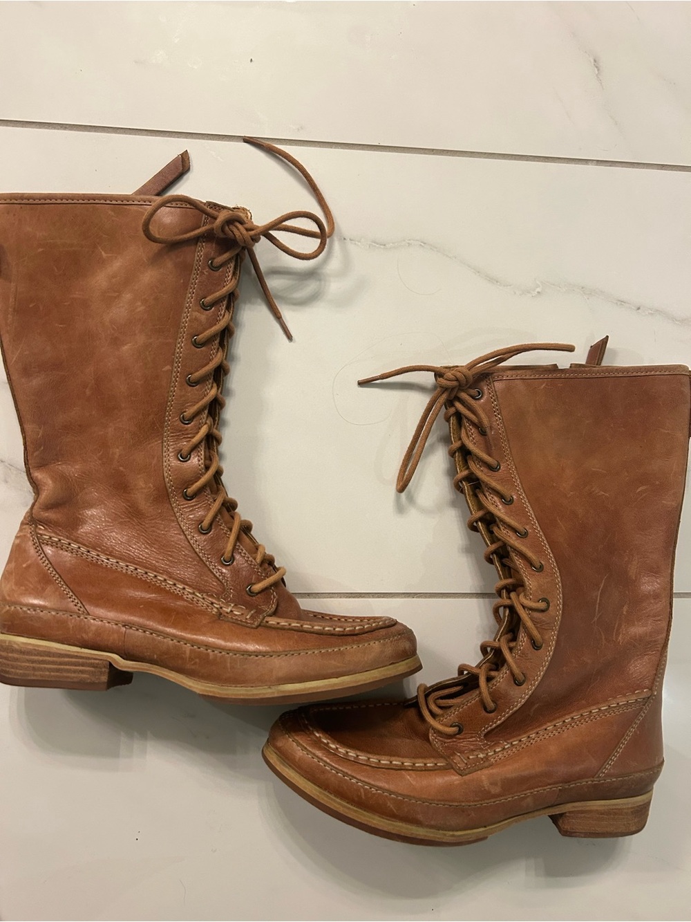 Fossil Tan Cognac Leather Tall Lace Up Moc Toe Boots Zip 7